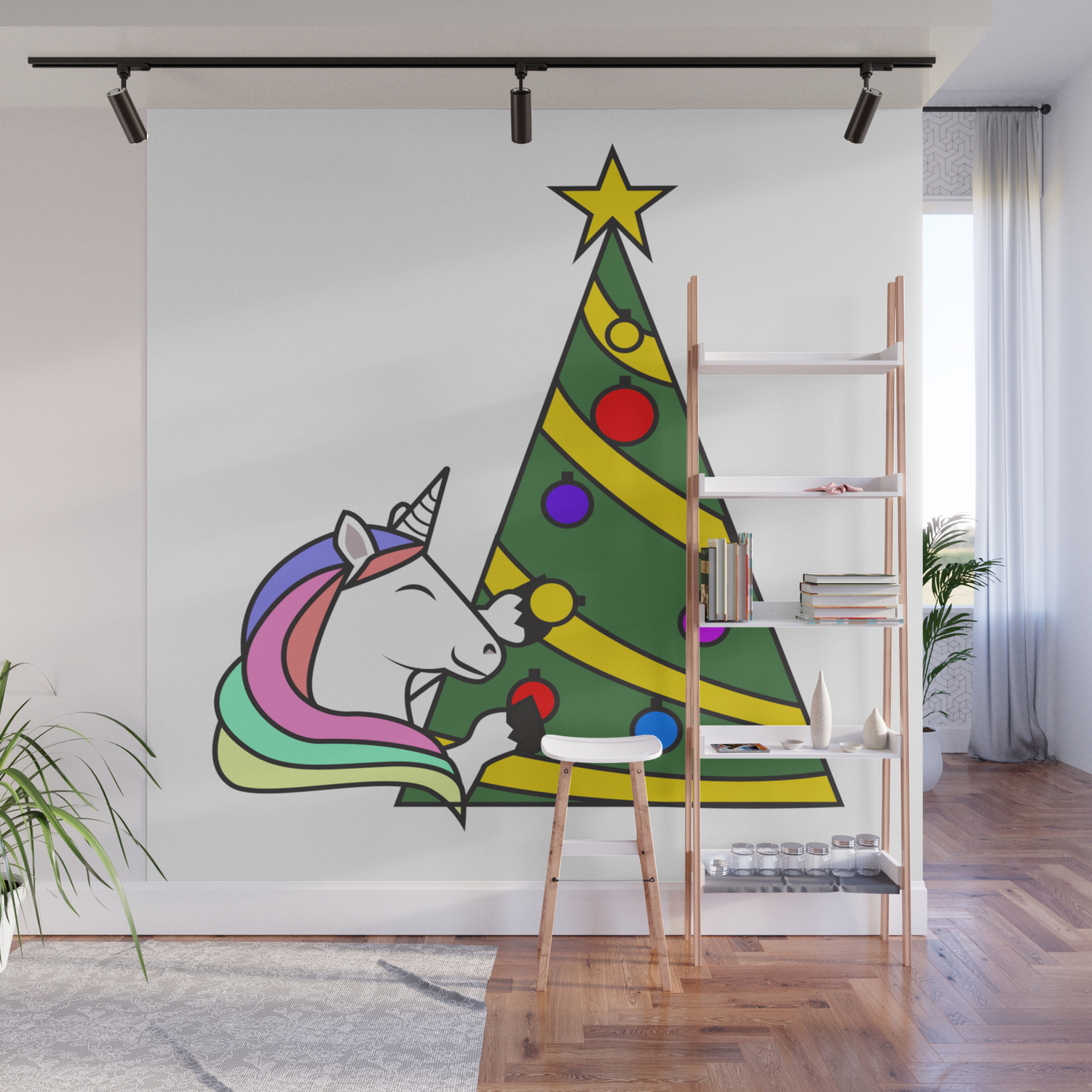 Unicorn Christmas Tree Decorate Winter Snow Gifts Snow Wall Mural