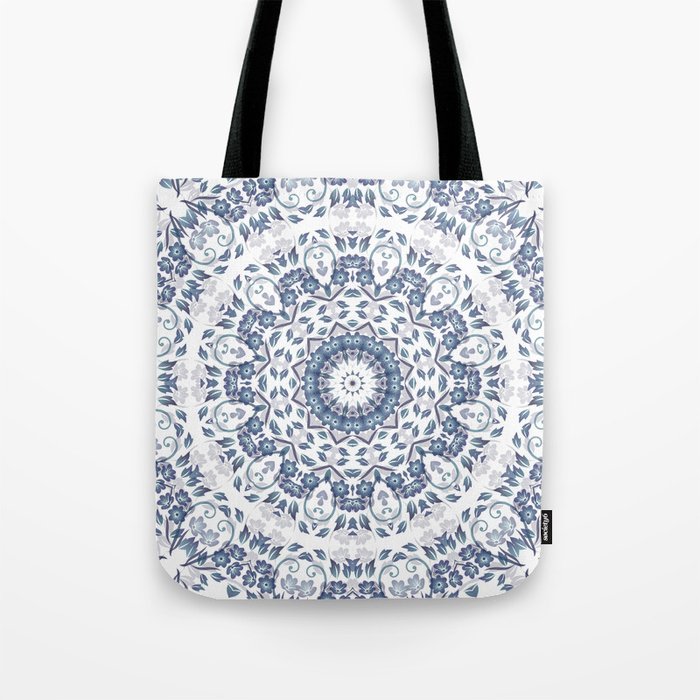 Grayish Blue White Flowers Mandala Tote Bag