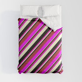 [ Thumbnail: Brown, Fuchsia, Light Yellow, and Black Colored Lines Pattern Comforter ]