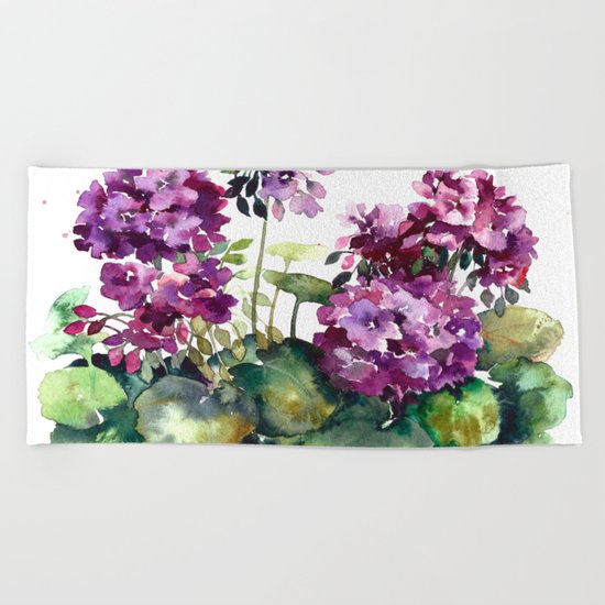 Purple violet pelargonium geranium flowers watercolor Beach Towel