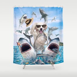 Golden Retriever Riding Sharks Shower Curtain