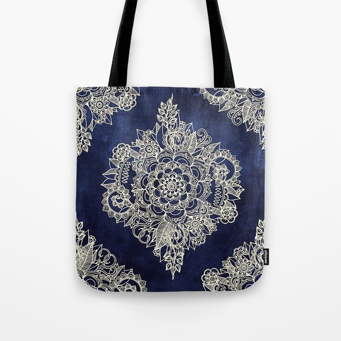 Cream Floral Moroccan Pattern on Deep Indigo Ink Tote Bag