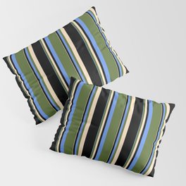 [ Thumbnail: Cornflower Blue, Dark Olive Green, Bisque, and Black Colored Striped Pattern Pillow Sham ]
