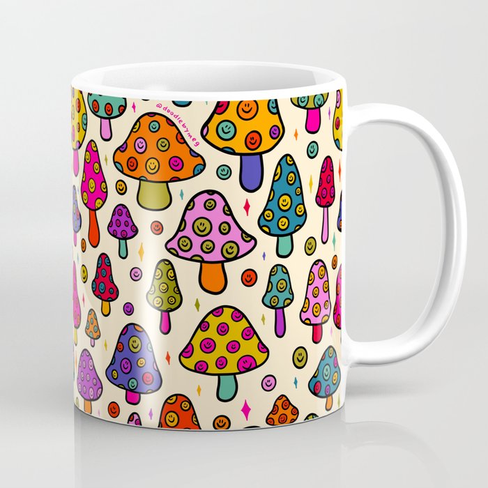 Smiley Mushrooms Print in Cream Coffee Mug