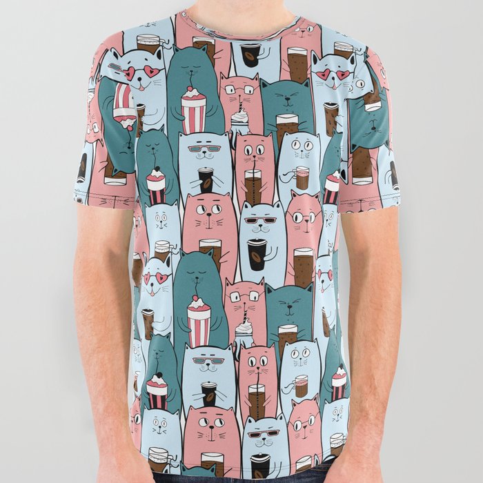 Cats Crowd With Coffee Cute Funny Pattern All Over Graphic Tee