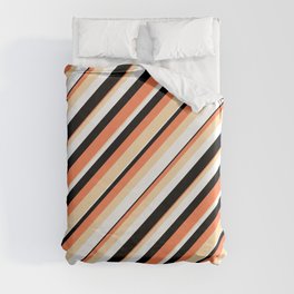 [ Thumbnail: Coral, Tan, White & Black Colored Lines/Stripes Pattern Duvet Cover ]