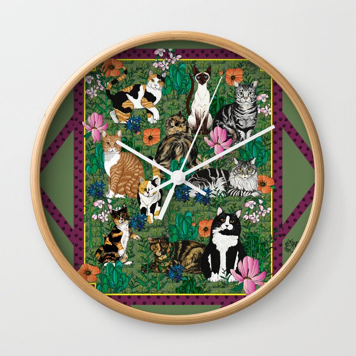 Garden of Cats - by Nina Lyman of Cats By Nina Wall Clock