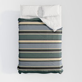 [ Thumbnail: Light Slate Gray, Beige, Dark Slate Gray, and Black Colored Stripes/Lines Pattern Comforter ]