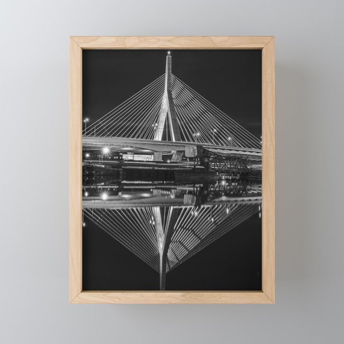 Lenny Zakim Bridge Reflection at Night Boston Massachusetts Black and White Framed Mini Art Print