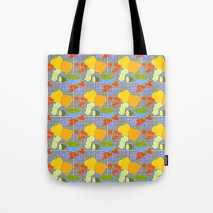 Retro Kitchen Fruits And Vegetables Navy Blue Dots Tote Bag