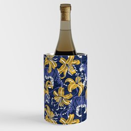 Tigers in a tiger lily garden // textured navy blue background very peri wild animals goldenrod yellow flowers Wine Chiller