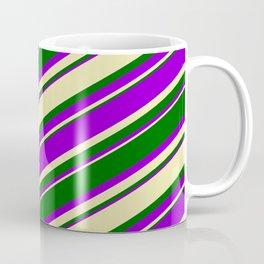 [ Thumbnail: Pale Goldenrod, Dark Green & Dark Violet Colored Lined Pattern Coffee Mug ]