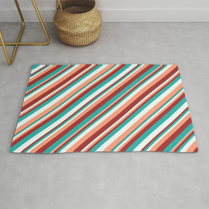 Light Sea Green, Mint Cream, Light Salmon, and Brown Colored Striped Pattern Rug
