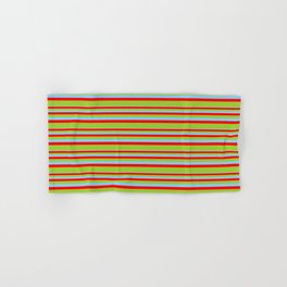 [ Thumbnail: Light Sky Blue, Red & Green Colored Lines/Stripes Pattern Hand & Bath Towel ]
