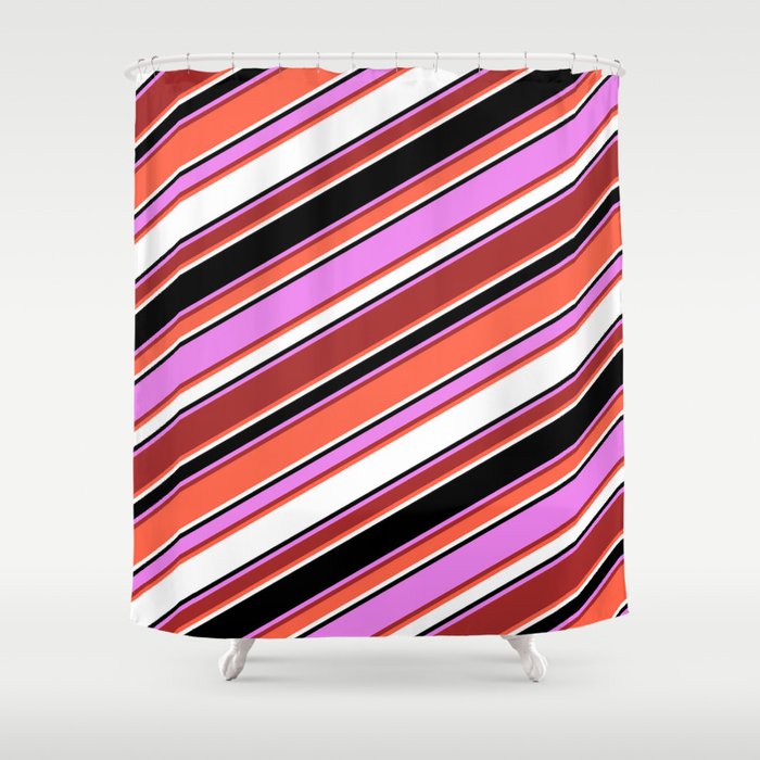 Eye-catching Violet, Brown, Red, White & Black Colored Striped/Lined Pattern Shower Curtain