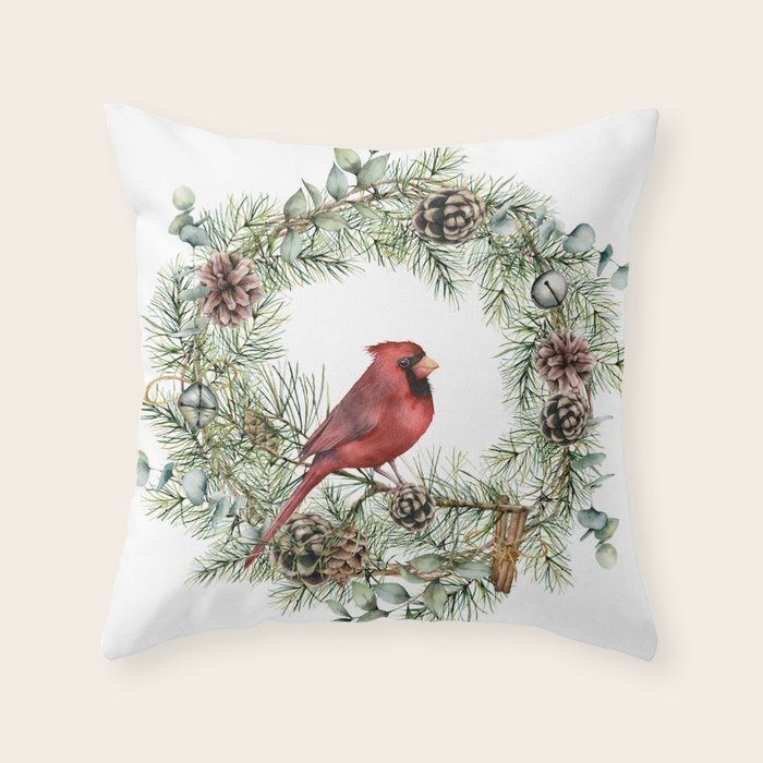 Cardinal Christmas Wreath Floral Prints Throw Pillow by Megan