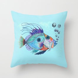 Blue Funky Fish Beach Fishy Art Throw Pillow