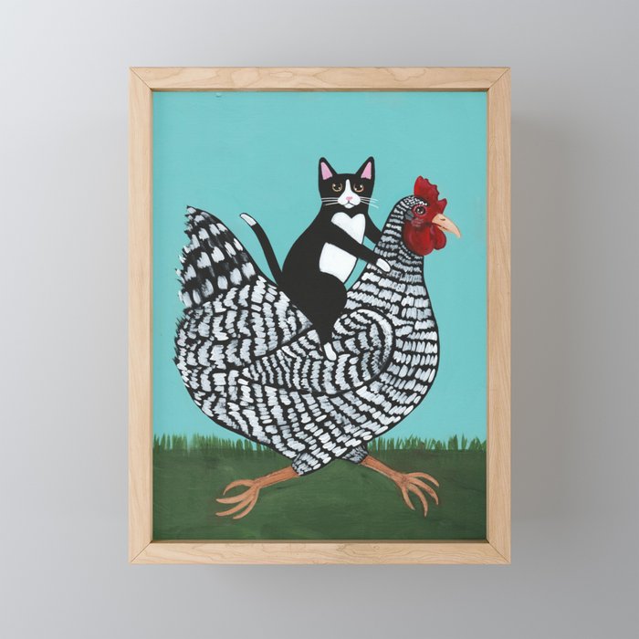 Tuxedo Cat Riding a Chicken Framed Mini Art Print
