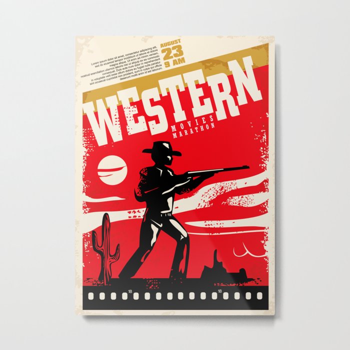 Western movies marathon retro poster design layout. Cinema festival. Vintage film poster with cowboy and wild west landscape.  Metal Print