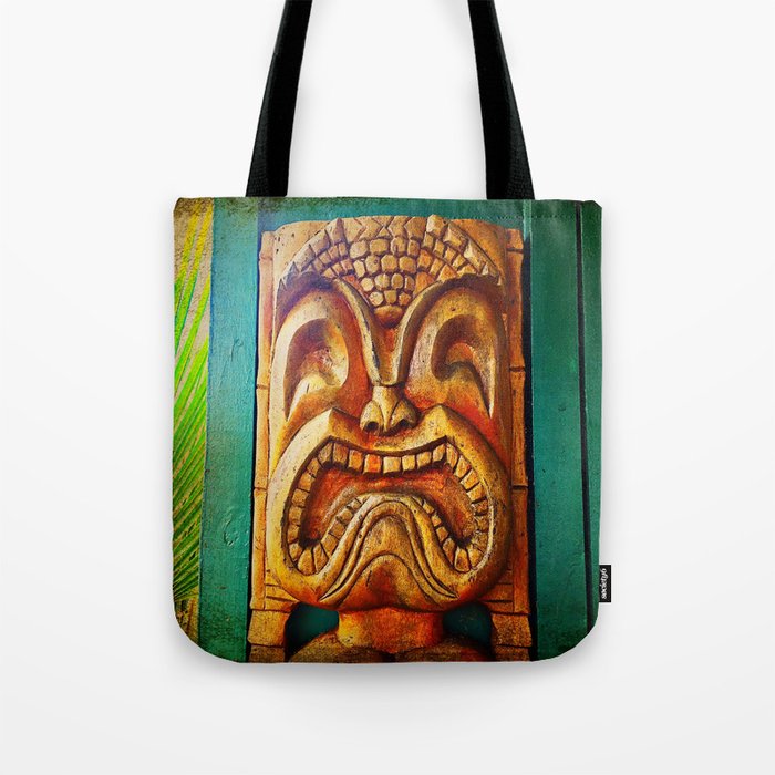 Hawaii retro wood carving tiki face close-up Tote Bag by Luceworks