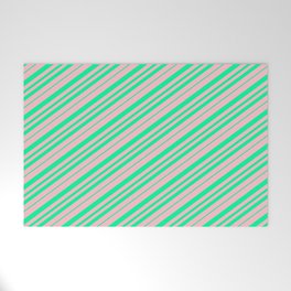 [ Thumbnail: Pink & Green Colored Lined Pattern Welcome Mat ]