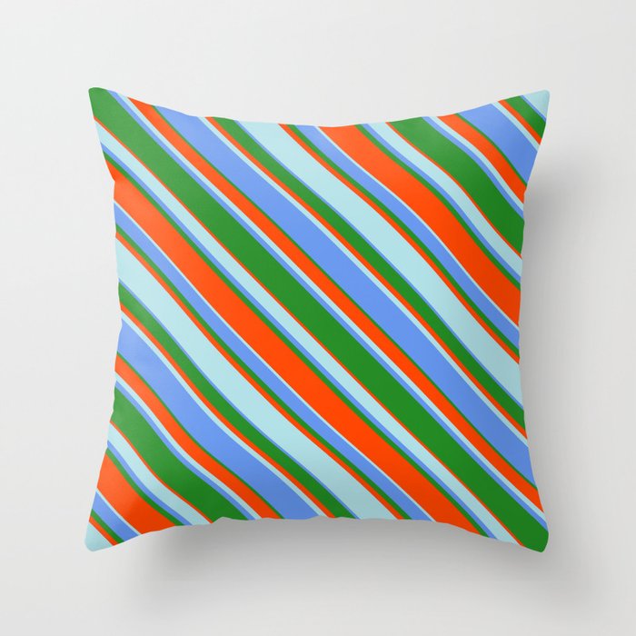 Cornflower Blue, Forest Green, Red, and Powder Blue Colored Lines Pattern Throw Pillow