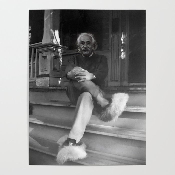 Funny Einstein in Fuzzy Slippers Classic Black and White Satirical Photography - Photographs Poster