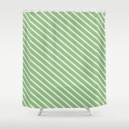 [ Thumbnail: Dark Sea Green, Light Cyan & Tan Colored Lines/Stripes Pattern Shower Curtain ]