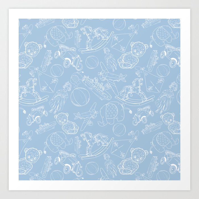 Pale Blue and White Toys Outline Pattern Art Print