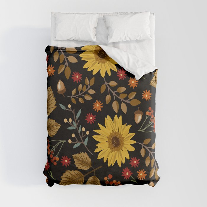 Autumn sunflowers with black background pattern. Maple leaves, sunflowers, flowers ditsy.  Duvet Cover