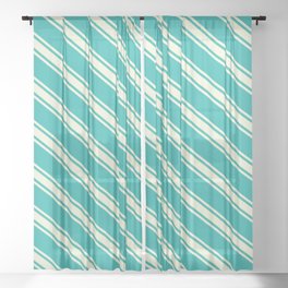 [ Thumbnail: Light Sea Green & Beige Colored Lined/Striped Pattern Sheer Curtain ]