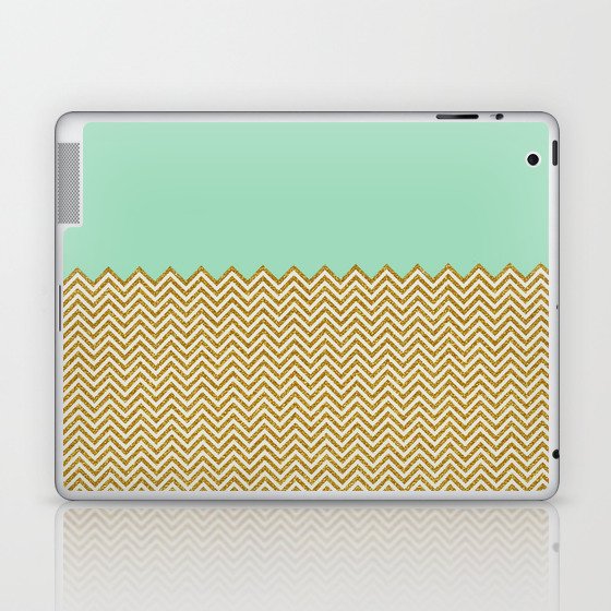 Geometric modern mint ivory gold glitter chevron Laptop & iPad Skin