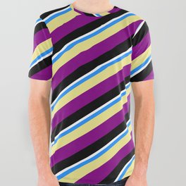[ Thumbnail: Vibrant Blue, Tan, Purple, Black, and White Colored Pattern of Stripes All Over Graphic Tee ]
