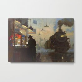 Midnight, The Night Train railway station cityscape - landscape painting by Lionel Walden Metal Print | Steamengine, Losangeles, Naples, Locamotive, Toronto, Paris, Station, Grandcentral, Newyork, London 