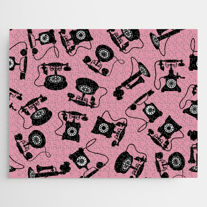 Black Vintage Rotary Dial Telephone Pattern on Blush Pink Jigsaw Puzzle