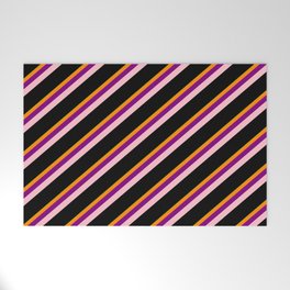 [ Thumbnail: Eyecatching Green, Dark Orange, Purple, Pink & Black Colored Lines Pattern Welcome Mat ]