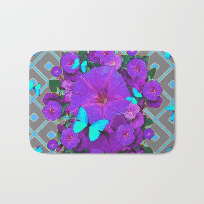 Shimmering Blue Butterflies  Purple Floral Art Bath Mat