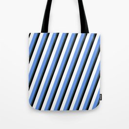 [ Thumbnail: Eyecatching Cornflower Blue, Dark Slate Gray, Black, White, and Light Blue Colored Striped Pattern Tote Bag ]