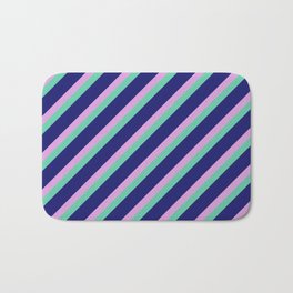 [ Thumbnail: Plum, Aquamarine & Midnight Blue Colored Lined/Striped Pattern Bath Mat ]
