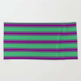 [ Thumbnail: Sea Green and Purple Colored Stripes Pattern Beach Towel ]
