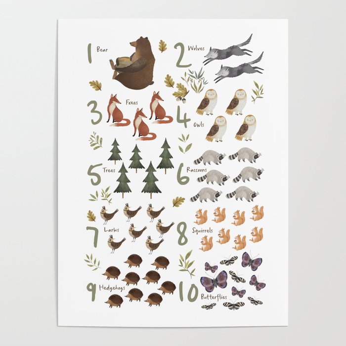Woodland forest numbers - matches alphabet, for kids / children Poster