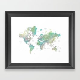 Watercolor world map in muted green and brown Framed Art Print