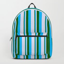 [ Thumbnail: Dark Green, Deep Sky Blue & Lavender Colored Lined/Striped Pattern Backpack ]