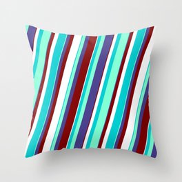 [ Thumbnail: Dark Turquoise, Aquamarine, Dark Slate Blue, Maroon, and White Colored Pattern of Stripes Throw Pillow ]