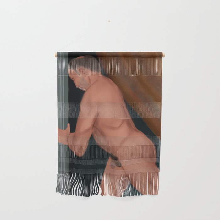 Naked muscular man covering crotch with towel Throw Pillow