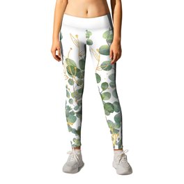 Gold And Green Botanical Eucalyptus Leaves Leggings