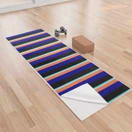 [ Thumbnail: Eye-catching Dark Cyan, Turquoise, Coral, Dark Blue, and Black Colored Striped Pattern Yoga Towel ]