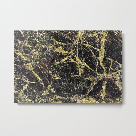 Marble - Glittery Gold Marble on Black Design Metal Print