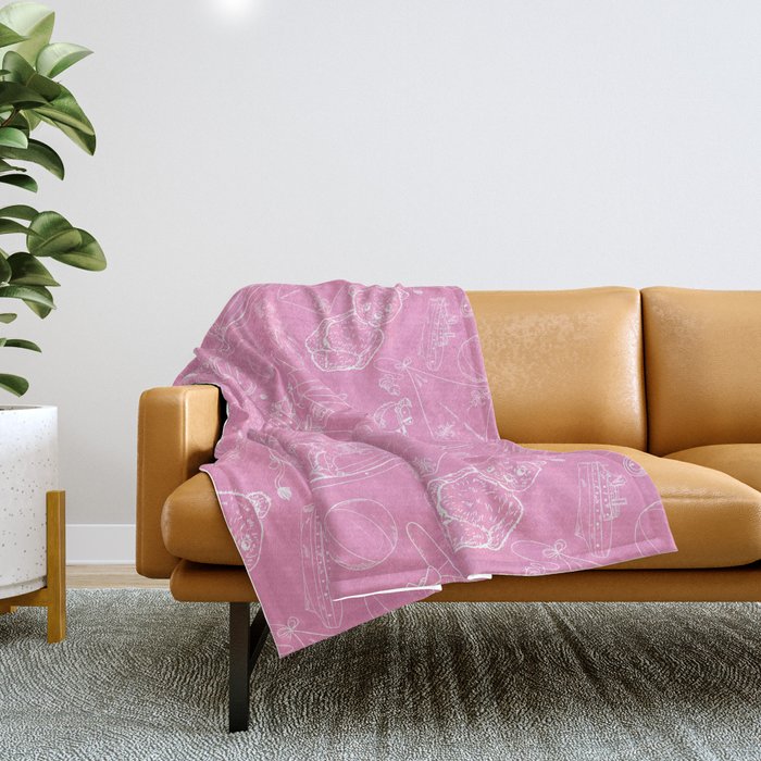 Pink and White Toys Outline Pattern Throw Blanket