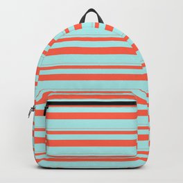 [ Thumbnail: Red & Turquoise Colored Striped/Lined Pattern Backpack ]